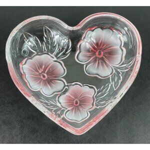Heart Shaped 6" Clear Glass Bowl w/Pink Pansies Candy Trinket Dish
